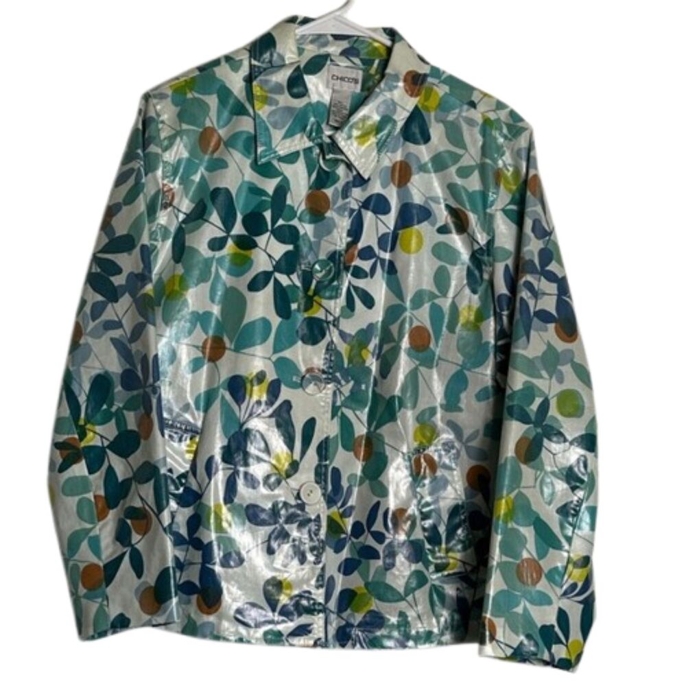 Chicos Floral Rain Coat Womens 2 Med Shiny Lined Hip Pockets Button Front Jacket